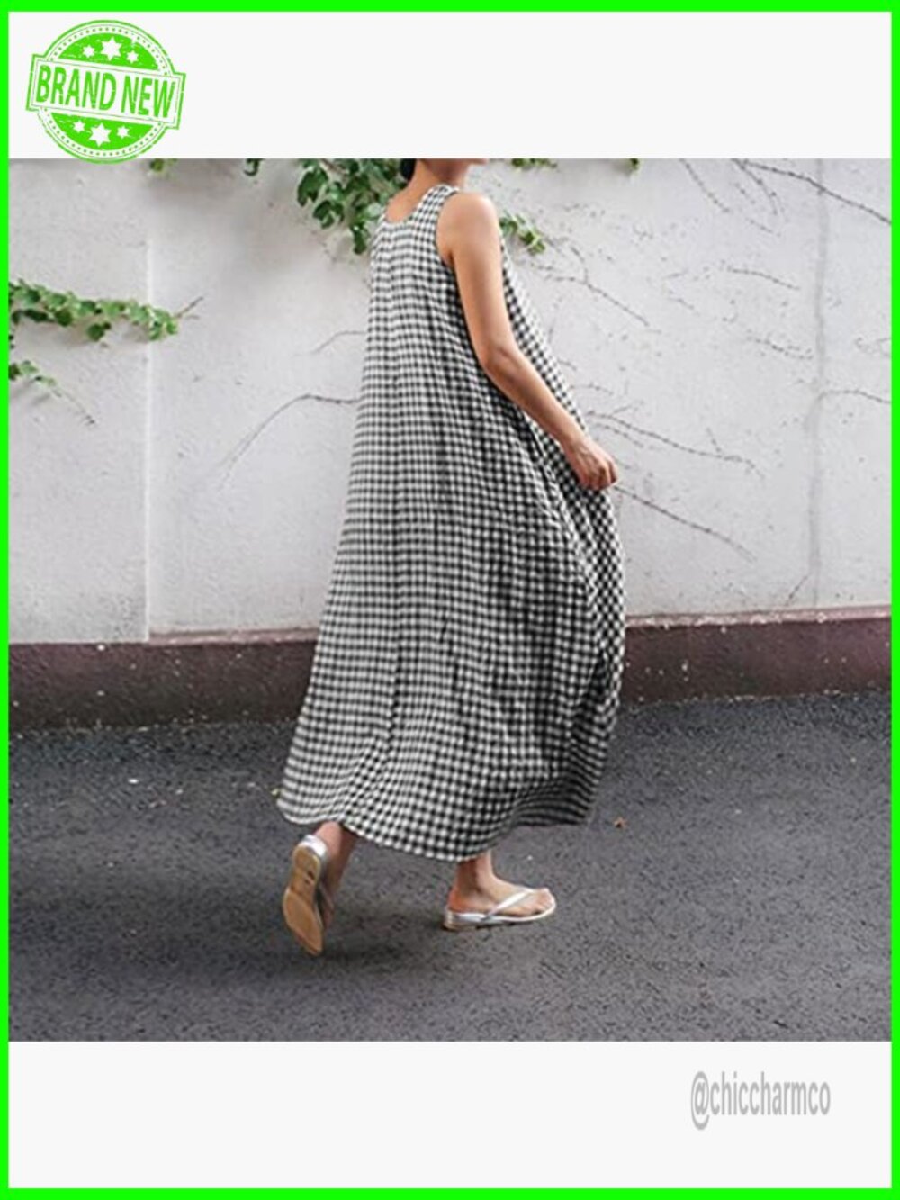 Cotton Plaid Tank Maxi Dress with Pockets Loose Fit - Picture 3 of 5